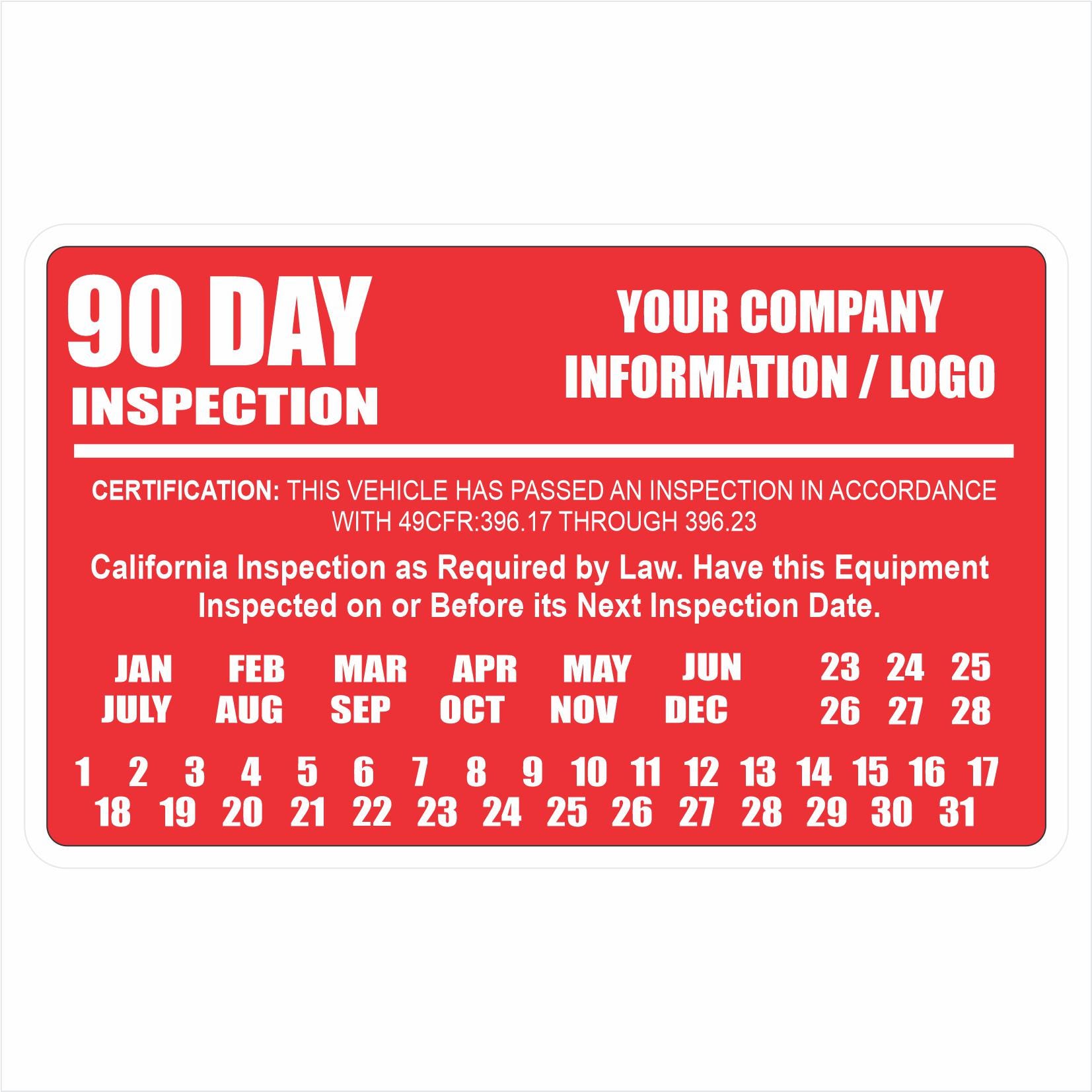 90 Day Inspection Labels for BIT / DOT Inspection, Truck Inspection Labels, California 90 Day BIT Decals