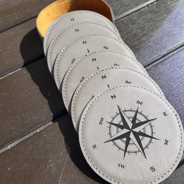 Nautical Compass Coasters - Laser Engraved Leather Drink Coasters