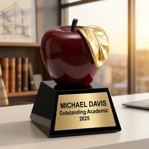 May include: A red apple-shaped trophy with a gold leaf and black base. The trophy has a gold plaque that reads "MICHAEL DAVIS Outstanding Academic 2025". The trophy is on a white surface.