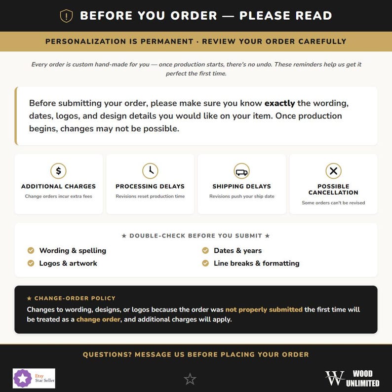 Before You Order — Please Review Personalization Carefully | Wood Unlimited