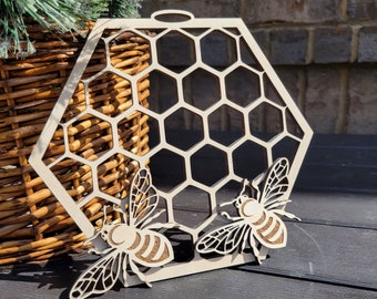 Honeycomb and Bee, Gift for Bee Lover, Wooden Laser Cut Wall Decoration, Bumble Bee Decor, Wooden Cut Out