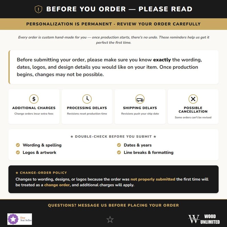 Before You Order — Please Review Personalization Carefully | Wood Unlimited