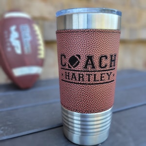 Personalized Football Tumbler! Insulated Leatherette Tumbler with Football Texture Gift For Coach! 20oz Football Coach Gift!