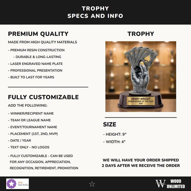 Personalized Poker trophy specifications and dimensions - Wood Unlimited