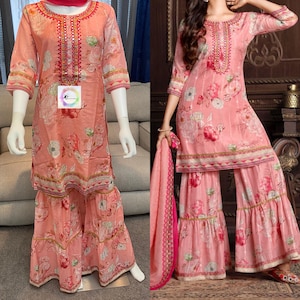 Muslin Kurta Gharara Set: Indian Party Wear Dress, Size 40
