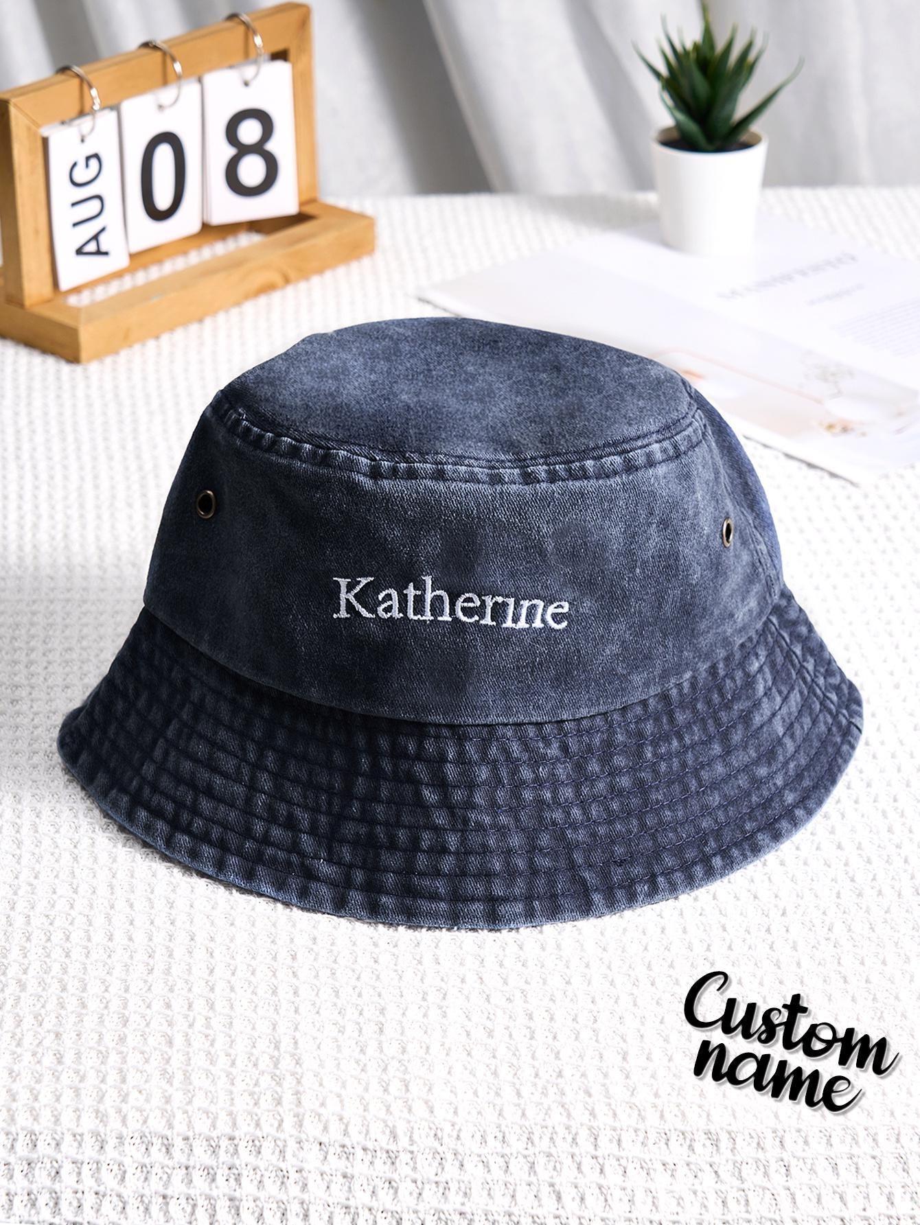 Personalized Denim Bucket Hat Custom Name Embroidery Design 