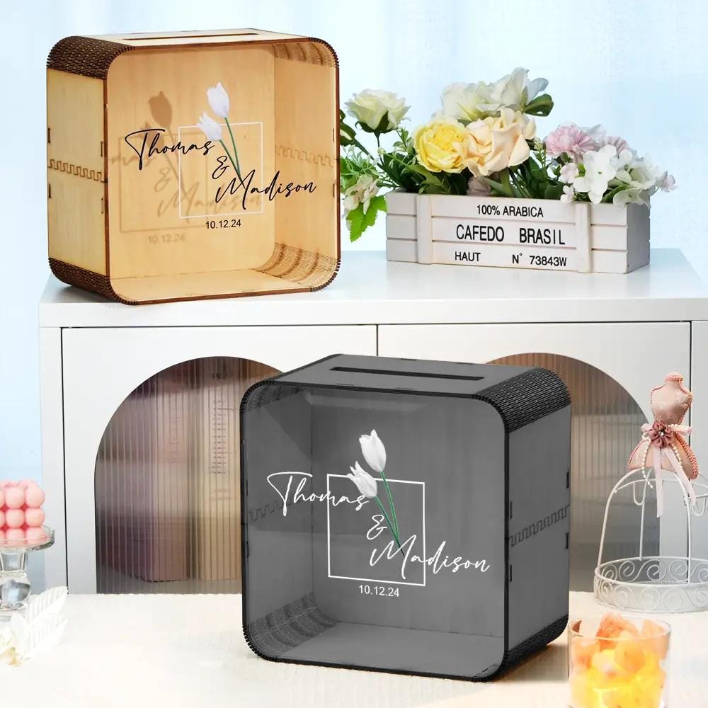Personalized Wedding Card Box: Square Wood & Acrylic Memory Box - Etsy