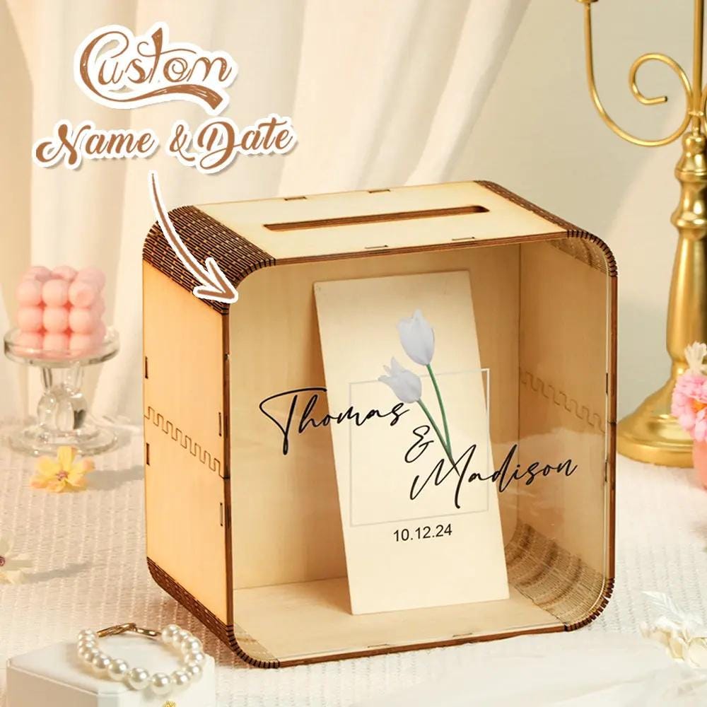 Personalized Wedding Card Box: Square Wood & Acrylic Memory Box - Etsy