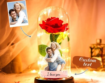 Foto personalizada con texto, rosa eterna, cubierta de cristal, luz LED nocturna, regalo de simulación romántico para ella