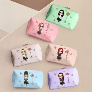Personalized Cartoon Character Makeup Bag with Birth Flower PU Leather Cosmetic Bag Gift for Her