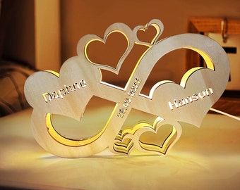 Lámpara personalizada con forma de corazón infinito, luz nocturna de madera con nombre grabado personalizado para amante