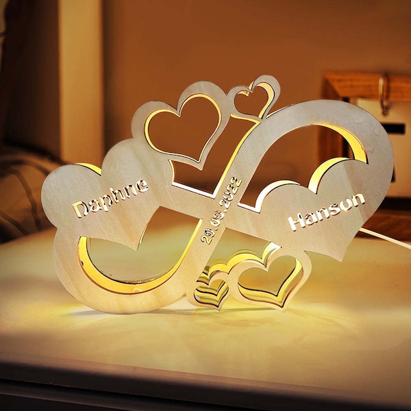 Lámpara personalizada con forma de corazón infinito, luz nocturna de madera con nombre grabado personalizado para amante