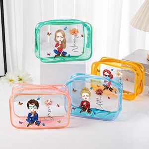 Bolsa de maquillaje impermeable transparente con diseño de flor de nacimiento de niña de dibujos animados personalizada con nombre, regalo de cumpleaños para ella