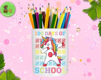 Ceramic Pencil Holder with 100 Days of School Unicorn Design | School Classroom Decor