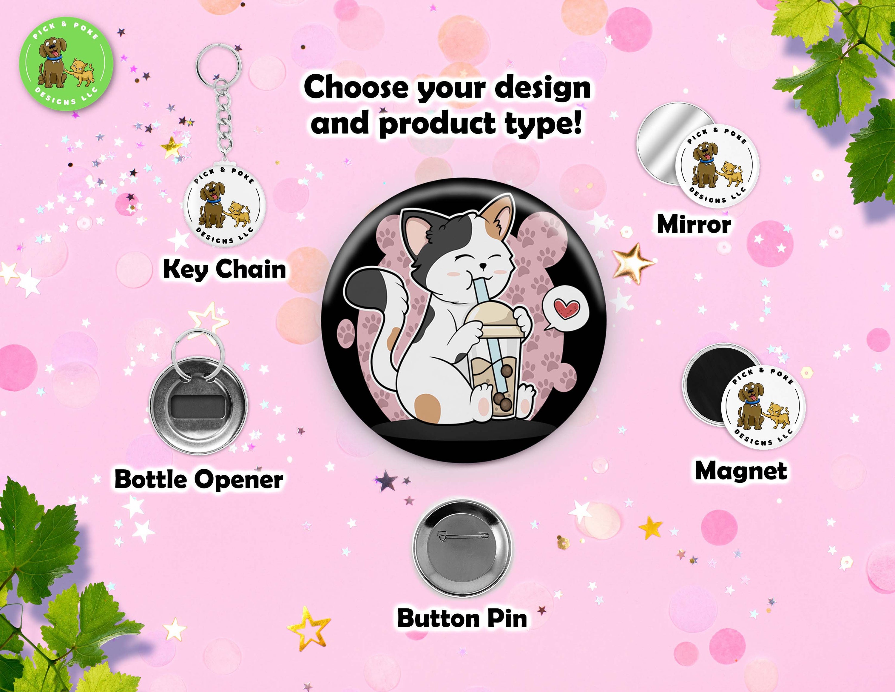 Cute Cats Drinking Boba Tea | Pinback Button, Keychain, Magnet, Bottle ...