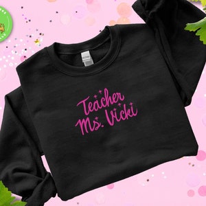 Embroidered Teacher Sparkle Sweatshirt Personalized with Your Name | Black Crewneck