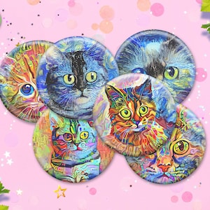 May include: Six colorful round buttons with different images of cats. Each button features a close-up of a cat's face with a vibrant, abstract, and artistic style.
