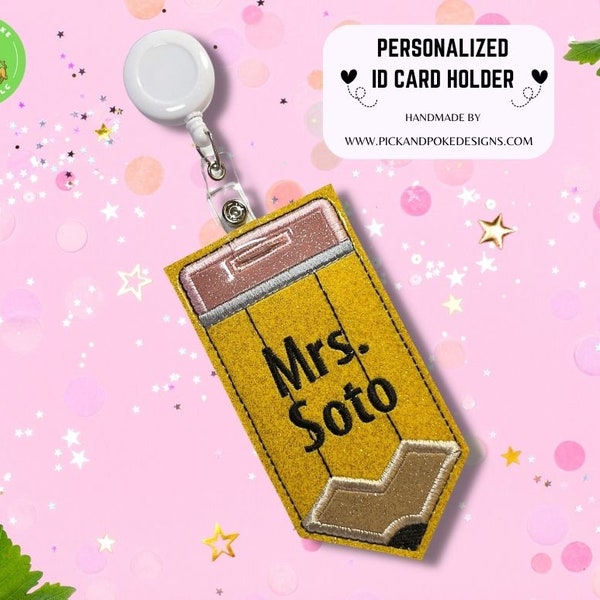 Personalized Pencil ID Card Badge Holder with Reel or Clip | Glitter or Solid Vinyl | Vertical Protector Case