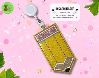 Pencil ID Card Badge Holder with Reel or Clip | Glitter or Solid Vinyl | Vertical Protector Case