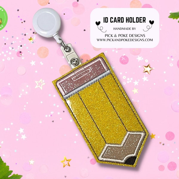 Pencil ID Card Badge Holder with Reel or Clip | Glitter or Solid Vinyl | Vertical Protector Case