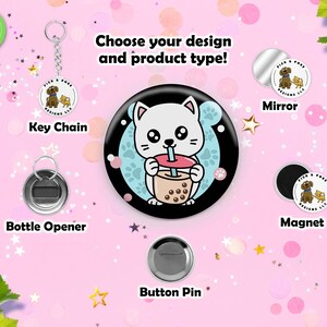 Cute Cats Drinking Boba Tea | Pinback Button, Keychain, Magnet, Bottle ...