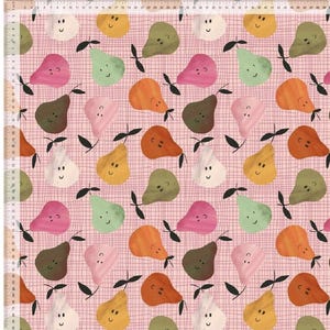 May include: A patterned fabric featuring cartoon pears in shades of pink, green, orange, and brown. Each pear has a smiling face and a small black stem and leaf. The background is a pale pink with a grid design, creating a playful aesthetic.