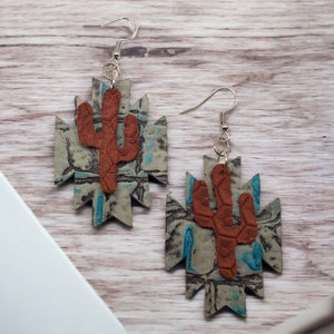 Handcrafted Aztec Cactus Genuine Leather Hypoallergenic Dangle Earrings - Ethnic Boho Earrings - Tribal Earrings