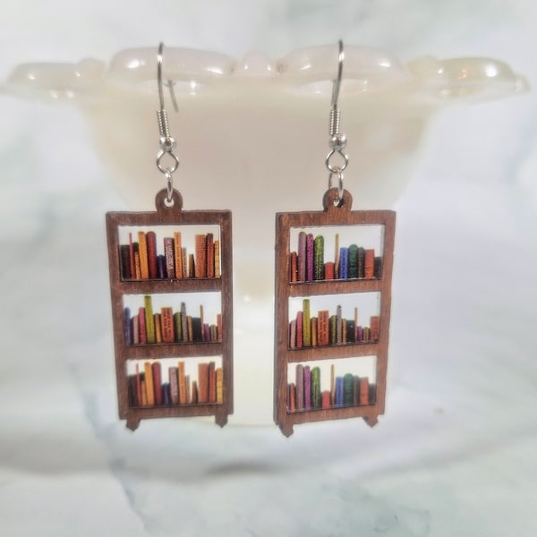 Bookshelf Earrings - Wood and Acrylic Book Case Earrings - Library Earrings - Bookworm Gift