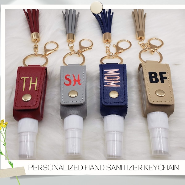 Hand Sanitizer Spray Bottle Holder Keychain with Initials | Refillable Alcohol Spray Bottle with Lid and Leather Tassels | Gift for Her