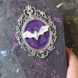 Gothic Dark Dramatic Coffin Valloween Decor Black and Purple Jewelry Box Valentines day Proposal box Framed Silver Bat   LadyRavensCurioShop