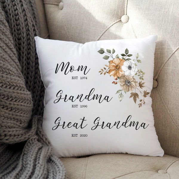 Personalized Mom Grandma Great Grandma Floral Accent Pillow | 18 x 18 Customizable Family Home Decor Gift for Her | Baby Shower Gift Idea