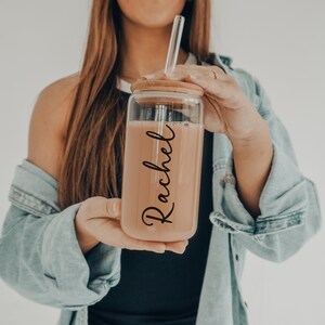Personalized Iced Coffee Cup | 16oz Glass Cup | Custom Soda Can Glass with Lid and Straw | Bridesmaid Gift | Bridesmaid Proposal