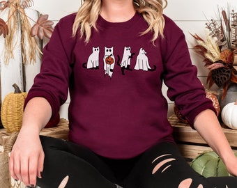 Ghost Cat Halloween Sweatshirt | Cat Sweatshirt | Cute Fall Shirt | Halloween Sweater | Black Cat Lover Crewneck | Spooky Season Gift
