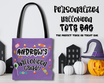 Personalized Trick or Treat Bag | Cute Halloween Tote Bag | Custom Kids Name Candy Bag | Candy Bucket Tote Halloween Costume Accessories
