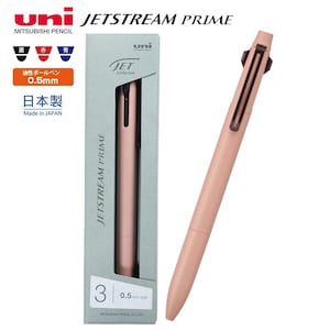 May include: A pink Uni Jetstream Prime 3-colour ballpoint pen with a 0.5mm ballpoint. The pen is shown next to its packaging, which includes Japanese text and the brand name. The pen is made in Japan.