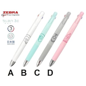 May include: Four multi-colored pens with different cartoon characters printed on them. The pens are labeled A, B, C, and D. The pens are all Zebra brand and are called "blen 3c".