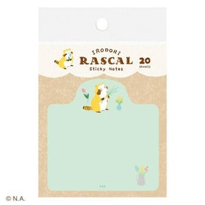 May include: A package of Irodori Rascal sticky notes. The package features a tan background with a light green label. The label has a cartoon raccoon holding flowers. The text "Irodori Rascal Sticky Notes 20 sheets" is printed on the package.