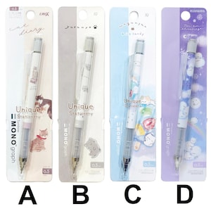 May include: Four Tombow MONO graph 0.5mm mechanical pencils in individual retail packaging. Each pencil features a unique cat-themed design, including cat diary, Yurunya, Mogunyan & Ice Candy, and Pom Pom Shonenaga, with clear plastic clips.