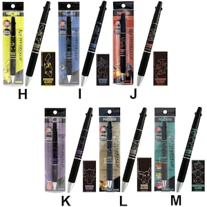 May include: Black Jetstream pens featuring Pokemon characters and logos. Each pen is packaged with a matching character card. The pens have a 0.5 mm tip and are available in various designs, including Pikachu, Lucario, and Eevee.