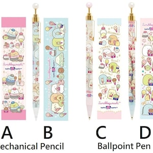 May include: Four pens with different designs featuring Sumikkogurashi characters. The pens are all white with pink, blue, and yellow accents. The pens are labeled "Mechanical Pencil" and "Ballpoint Pen".