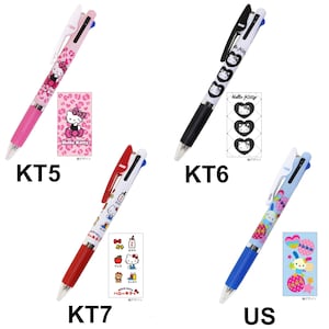 May include: Four Hello Kitty multi-color pens with matching stickers. The pens have pink, black, red, and blue accents. Each pen features a different Hello Kitty design. The pens are labeled KT5, KT6, KT7, and US.