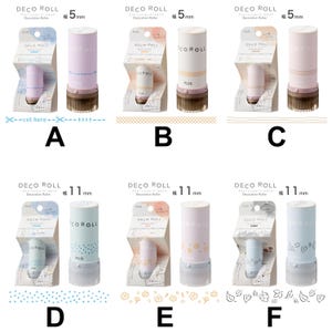 May include: A selection of Deco Roll decoration rollers in shades of pink, blue, and white. Each roller is presented in its packaging, with the width of the roller indicated as 5mm or 11mm. The packaging features the text "DECO ROLL".
