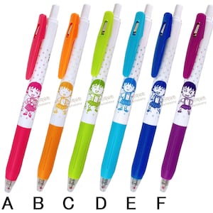 May include: Six colorful pens with white barrels and a cartoon girl design. The pens are pink, orange, green, blue, light blue, and purple. The pens are labeled A through F.