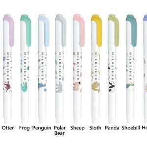 May include: Ten colorful highlighters with different animal illustrations. The highlighters are white with black text that reads "MILDLINER". The animals are an axolotl, otter, frog, penguin, polar bear, sheep, sloth, panda, shoebill, and hedgehog.
