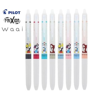 May include: Seven Pilot Frixion Waai pens with Disney character designs. Each pen has a different color band and a cartoon image of Mickey Mouse, Donald Duck, Chip and Dale. The pens are white with clear tops.