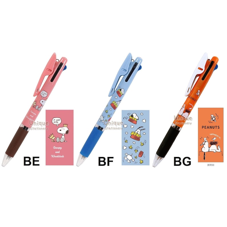 Puede incluir: Tres bol&iacute;grafos multicolores con dise&ntilde;os de Snoopy y Woodstock. Los bol&iacute;grafos tienen detalles en rosa, azul y naranja, con blocs de notas a juego con el tema de Snoopy. Cada bol&iacute;grafo tiene un color de tinta diferente y el texto "Unique Stationery".