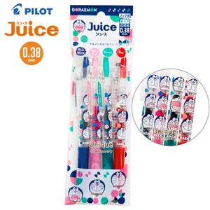 May include: A set of four Pilot Juice gel ink pens in a clear plastic package featuring Doraemon character graphics. The pens have 0.38 mm tips and come in blue-black, baby pink, green, and red ink colors with matching colored pen barrels.