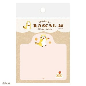 May include: A package of "IRIDORI RASCAL Sticky Notes" with a cartoon raccoon illustration. The notes have a light pink background with a light brown border and a small cake illustration. The package contains 20 sheets.