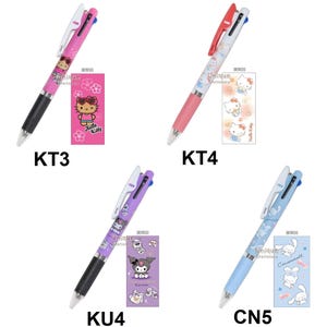 May include: Four multi-color pens with different designs. The pens are pink, red, purple, and blue, each featuring a different cartoon character. Each pen has a matching card with the character's image and the text "Unique Stationery". The pen models are KT3, KT4, KU4, and CN5.