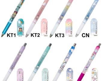 May include: A collection of eight retractable gel pens featuring various Sanrio character designs, including Hello Kitty, Cinnamoroll, Kuromi, and Hangyodon, with colorful patterned barrels, white or colored grips, and matching character-themed packaging inserts.